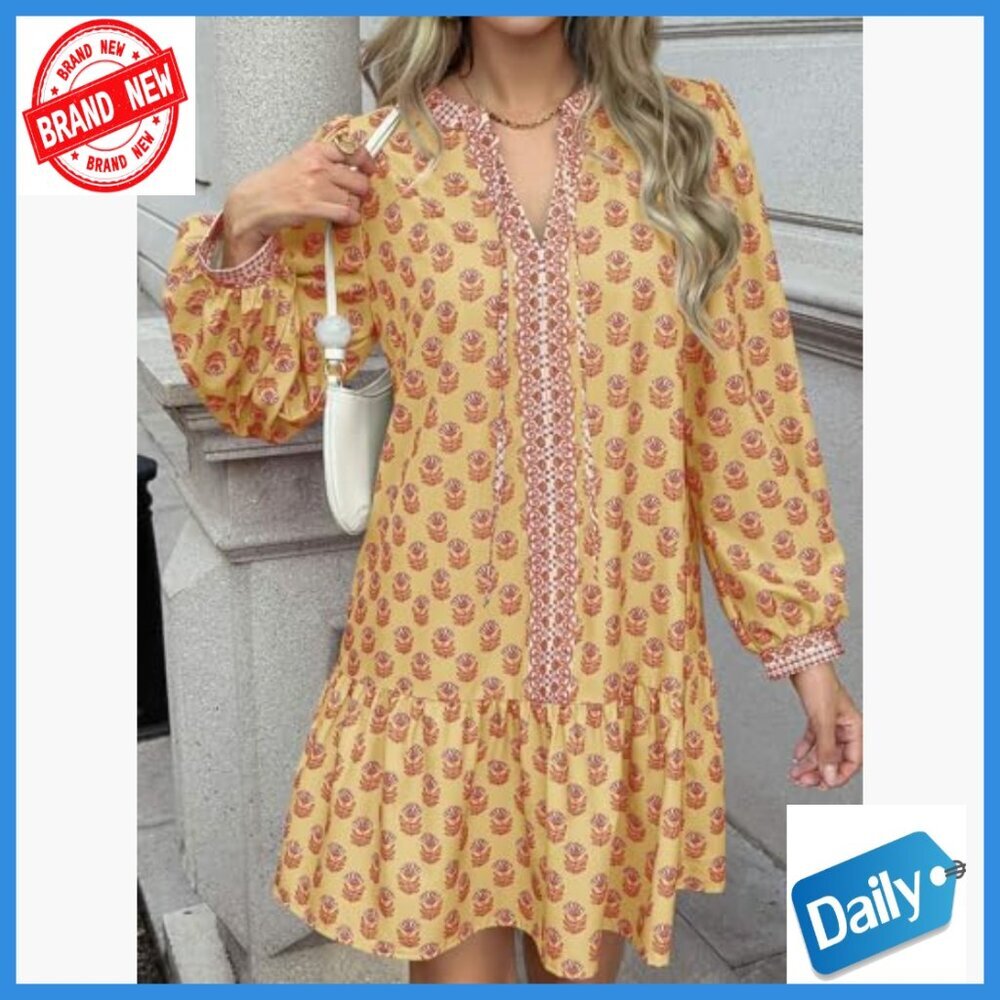 Long Sleeve Mini Dress with Pockets Floral V Neck Loose Fit Boho - Picture 4 of 7
